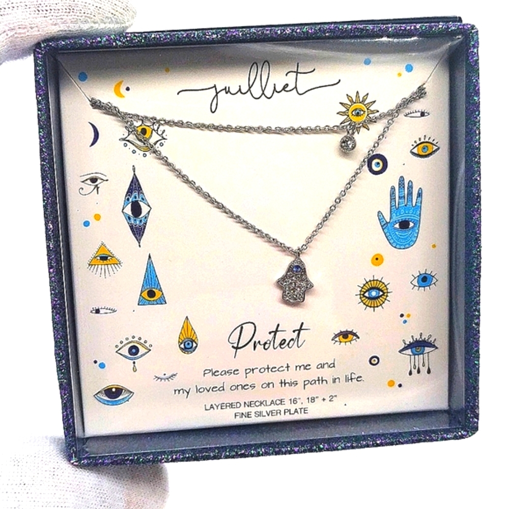 Juilliet Silver Plated Hamsa with CZ Cubic Zirconia Layered Necklace Boxed